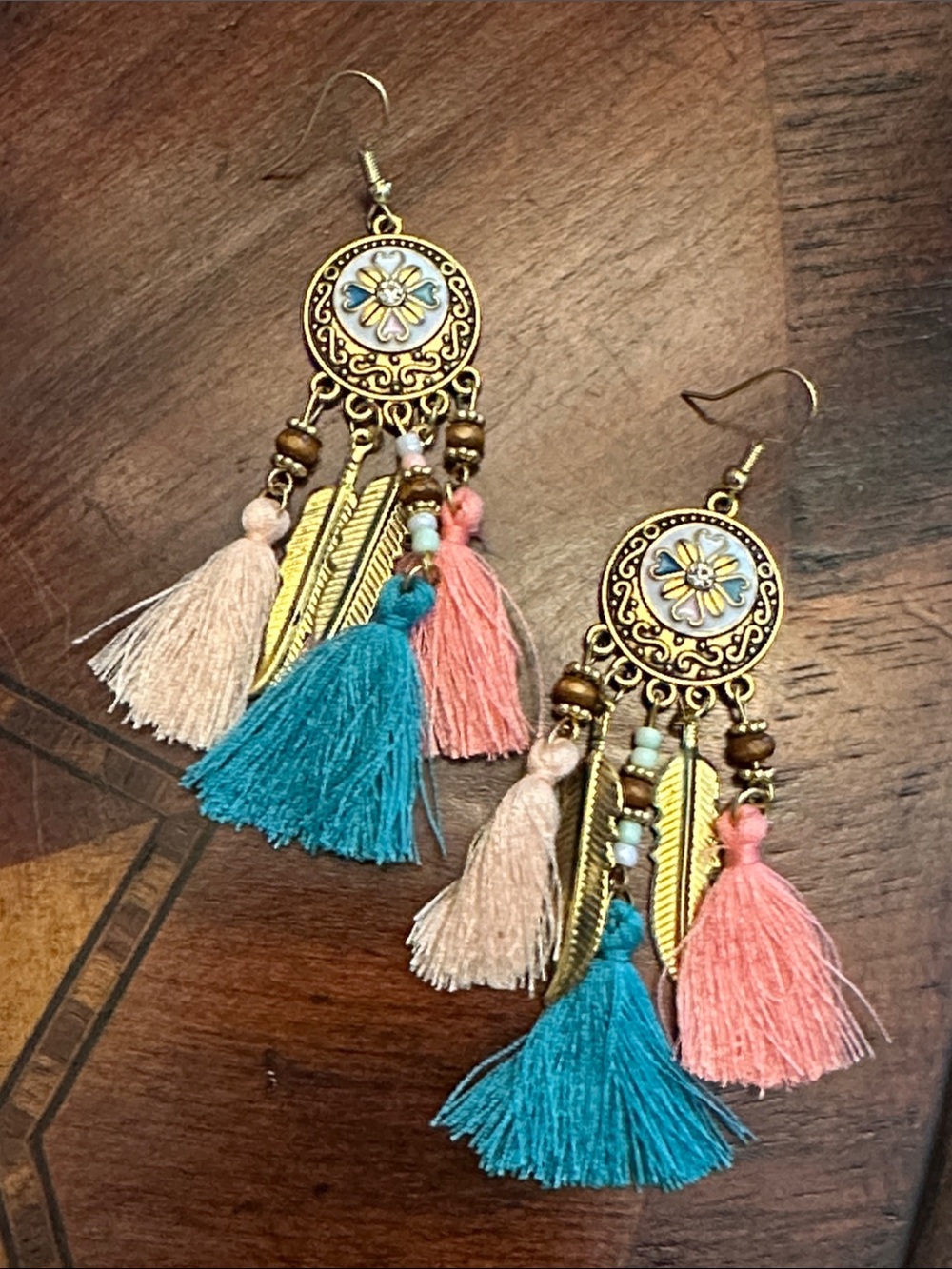 Boho Tassel Feather Drop Earrings - Teal, Pink & Cream